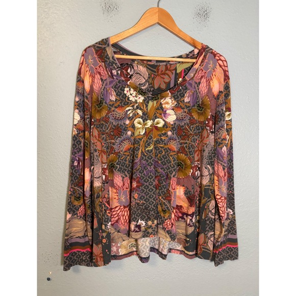 Johnny Was Aran Flower Favorite Long Sleeve V Neck Swing Tee Bamboo Size Small - Picture 3 of 9